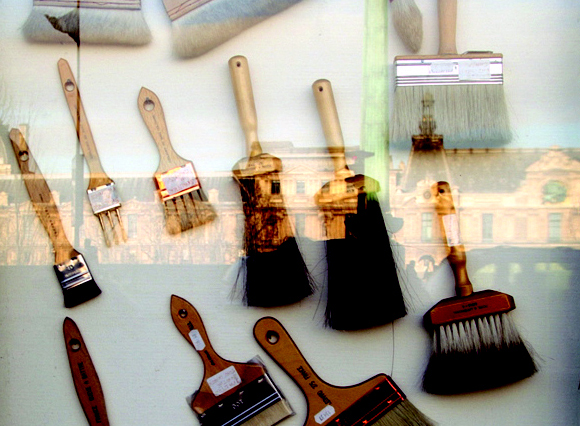 The Louvre reflected in Sennelier's brush window display