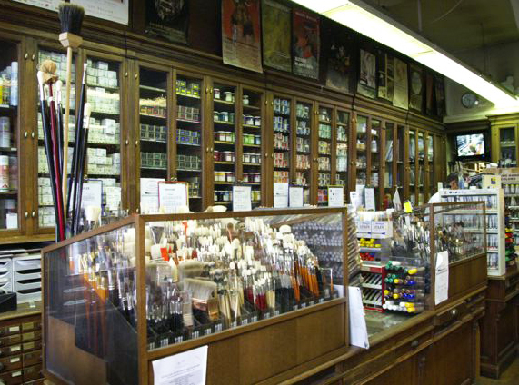 Inside Sennelier's shop: the counter with the most precious brushes
